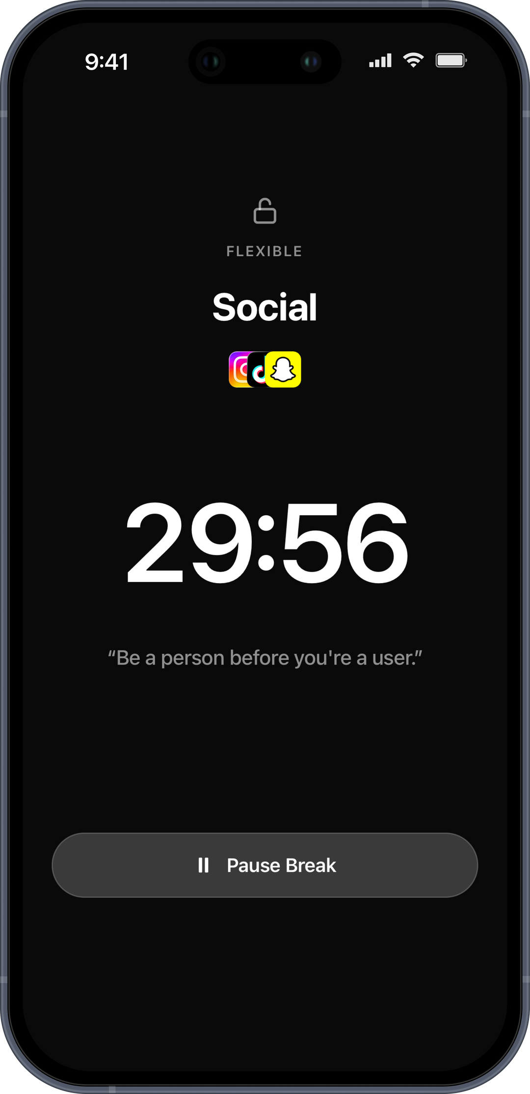 BreakOff active break screen with Social apps blocked