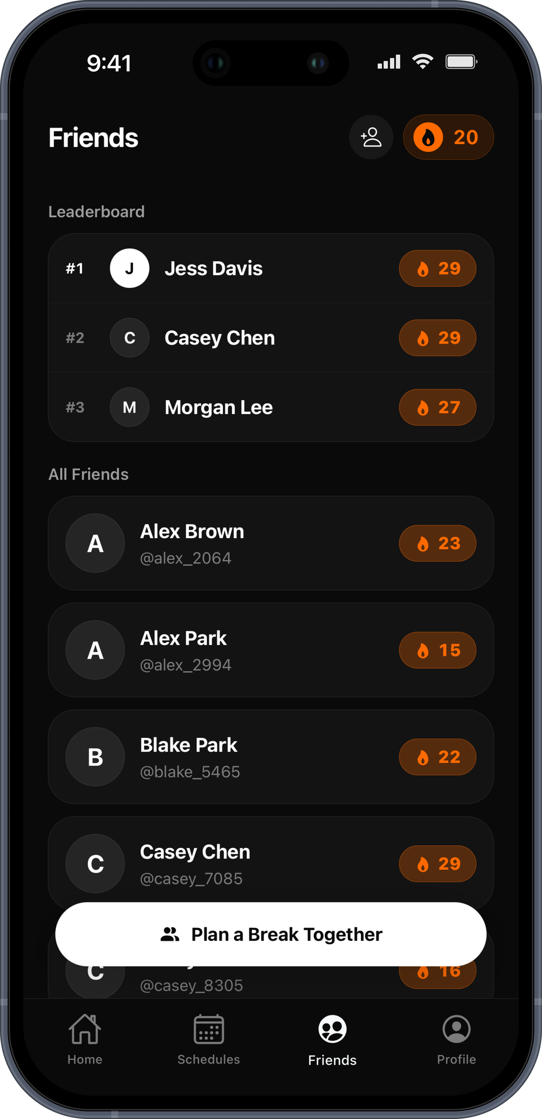 BreakOff Friends and Leaderboard screen