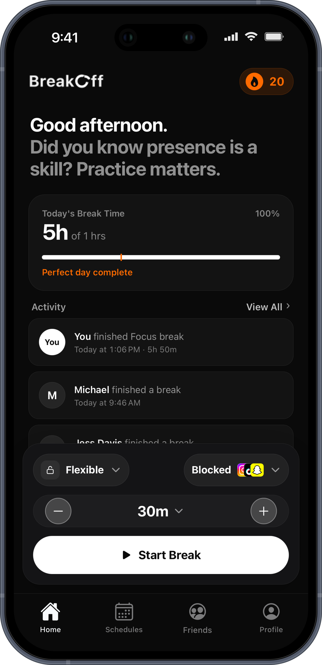 BreakOff home screen with daily progress