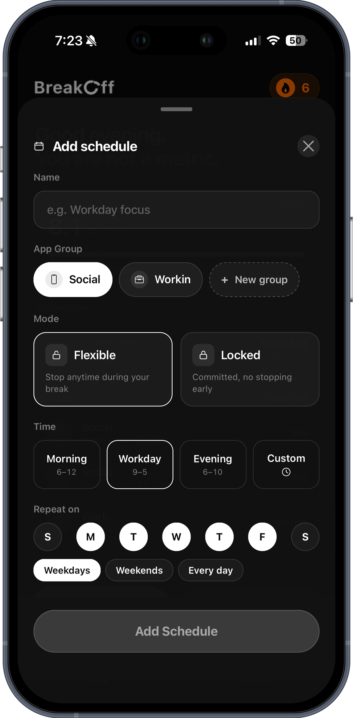BreakOff Add Schedule screen