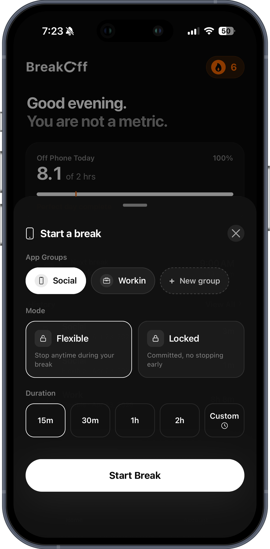 BreakOff Start a Break screen