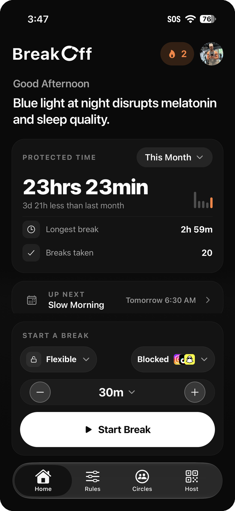 BreakOff home screen showing time saved and start a break